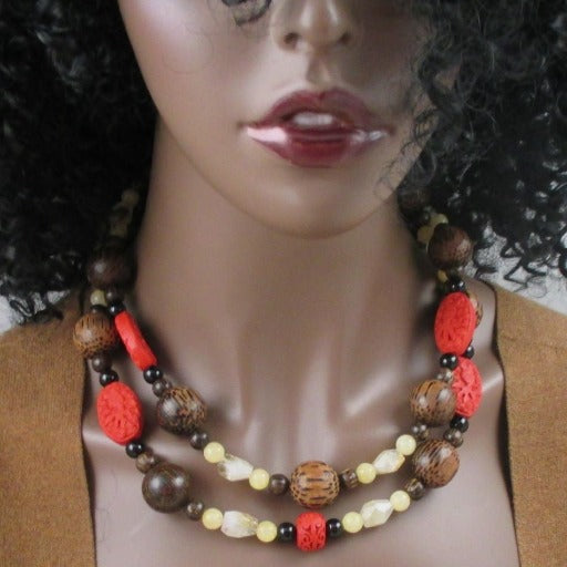 Big Bold Palmwood Gemstone Double-strand Necklace - VP's Jewelry