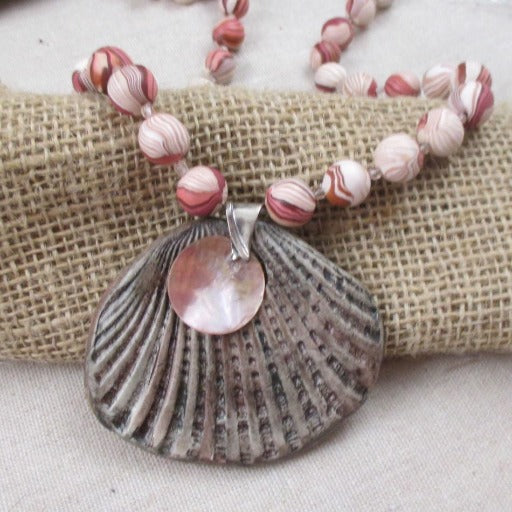 Pink & Tan Handmade Beaded Necklace with Seashell Pendant - VP's Jewelry