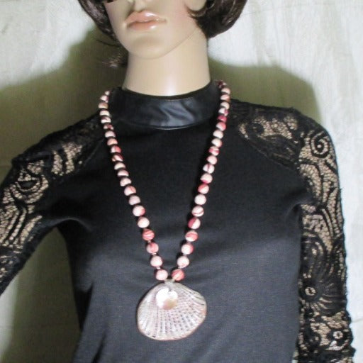 Pink & Tan Handmade Beaded Necklace with Seashell Pendant - VP's Jewelry