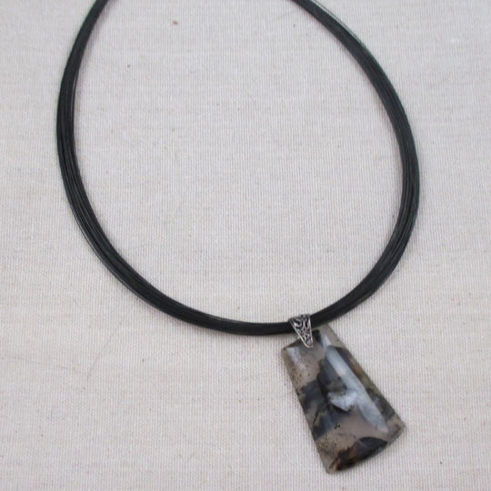 Gemstone Black Agate Pendant on Black Multi-strand Neck Wire - VP's Jewelry