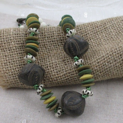 Handmade African Trade Bead Clay & Bone Statement Necklace - VP's Jewelry