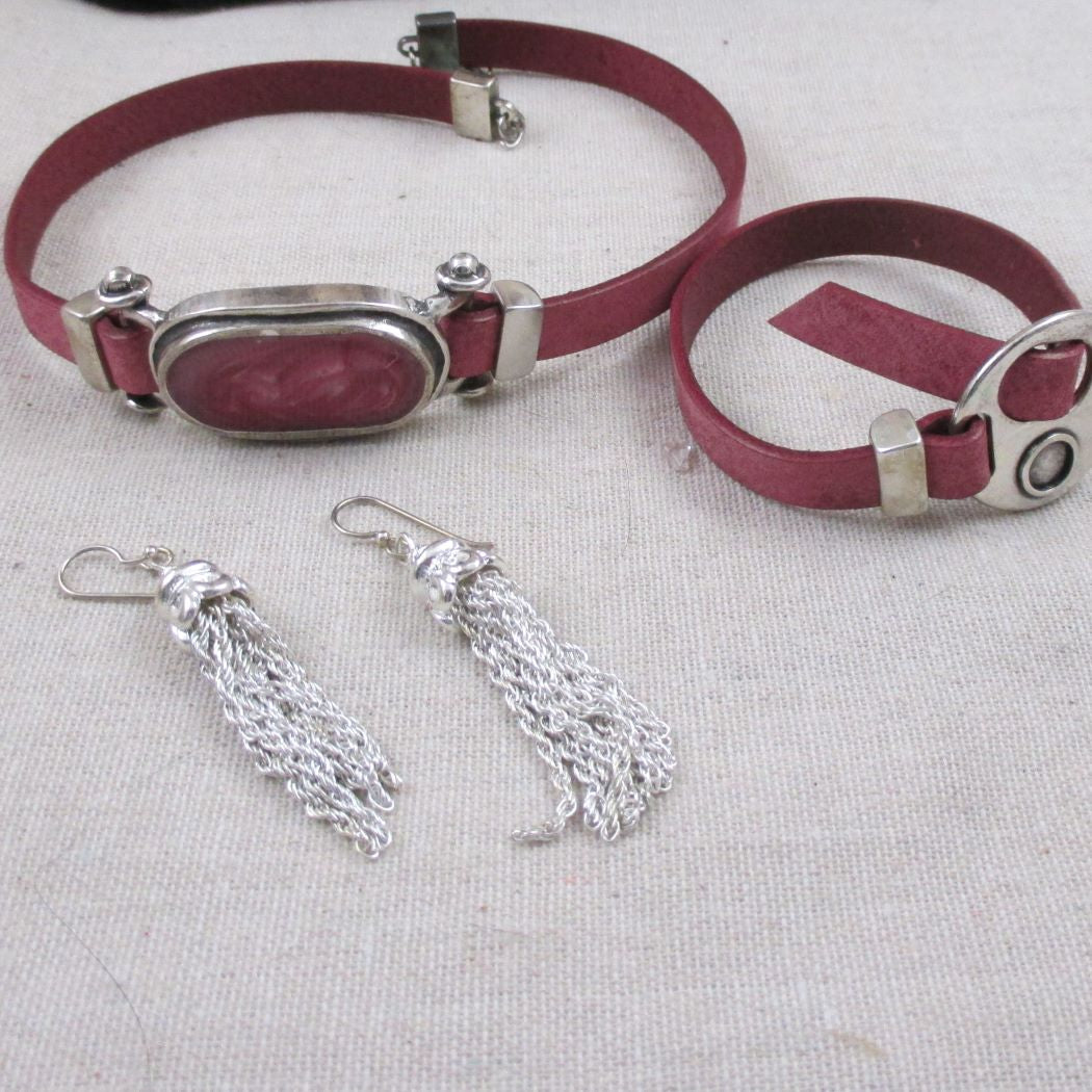 Rose Pink Leather Ribbon Choker & Bracelet & Earrings Designer Set - VP's Jewelry