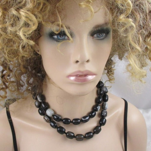 Bold Gemstone  Bead Necklace & Earrings Black & White Agate Necklace