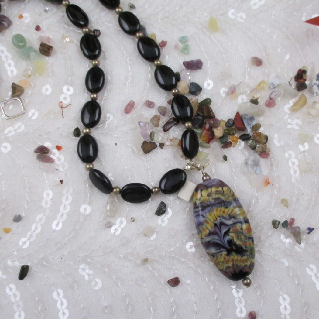 Black Onyx Bead Necklace with Handmade Glass Pendant - VP's Jewelry