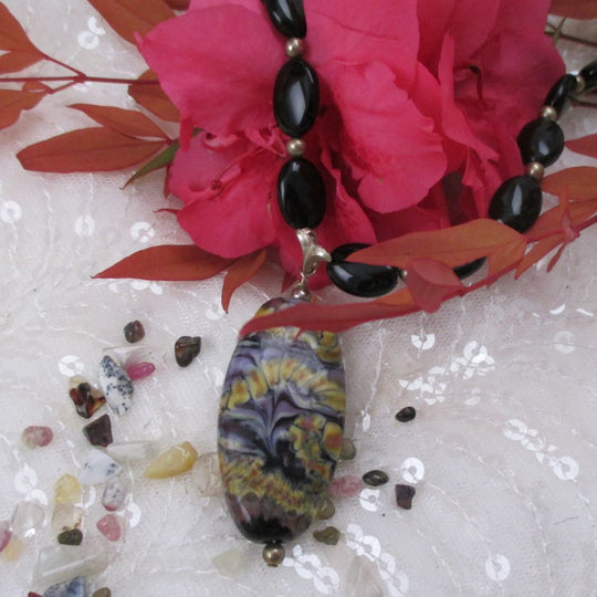 Black Onyx Bead Necklace with Handmade Glass Pendant - VP's Jewelry
