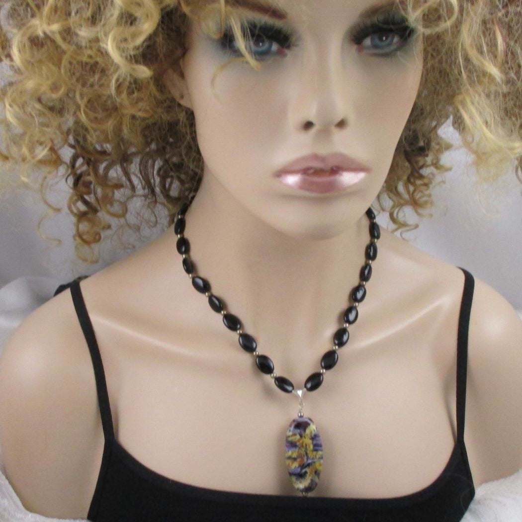 Black Onyx Bead Necklace with Handmade Glass Pendant - VP's Jewelry