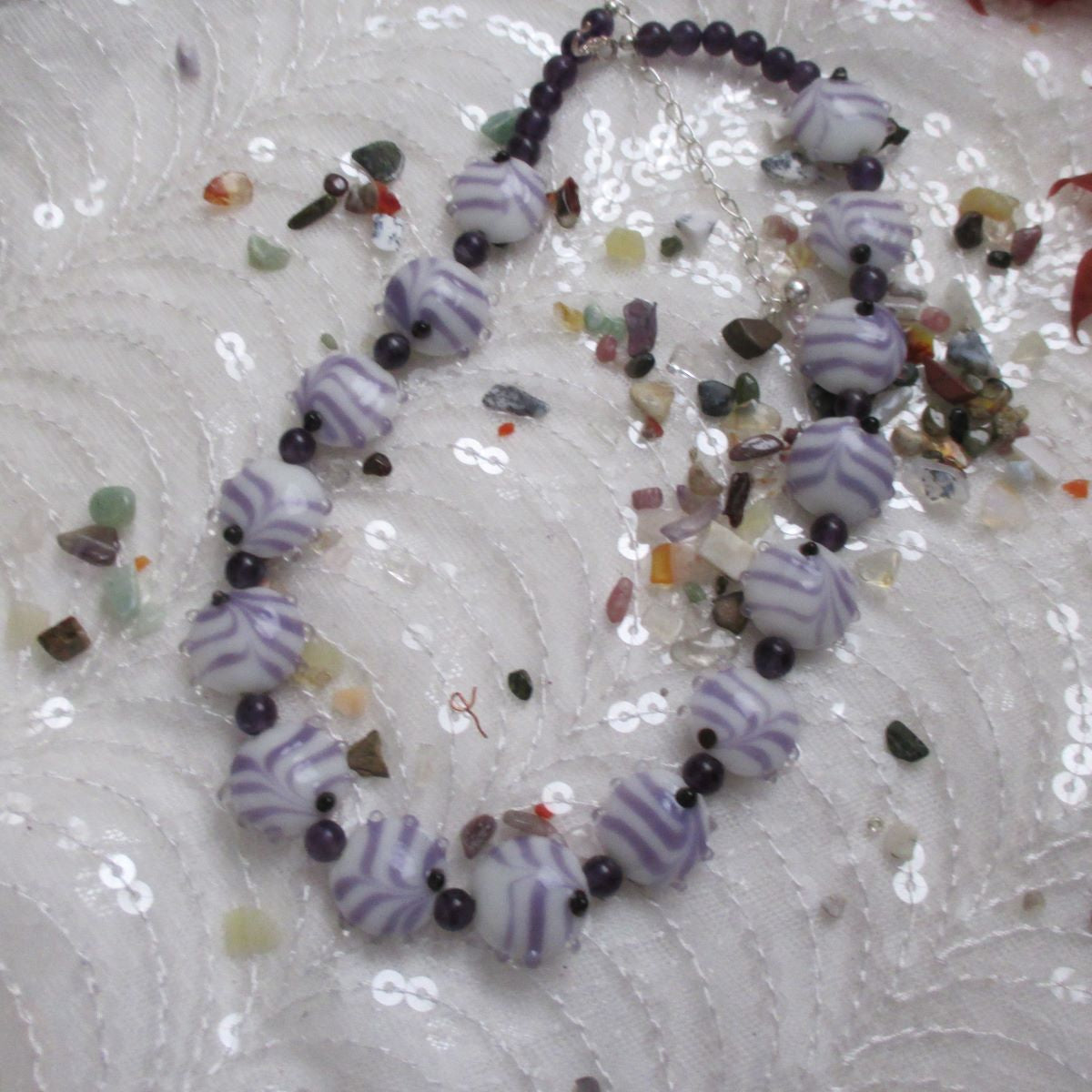 Handmade Artisan Bead Necklace Amethyst and White Swirled - VP's Jewelry 