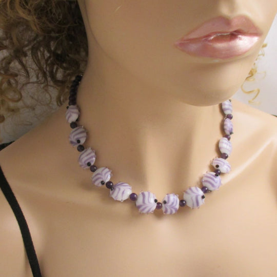 Handmade Artisan Bead Necklace Amethyst and White Swirled - VP's Jewelry 
