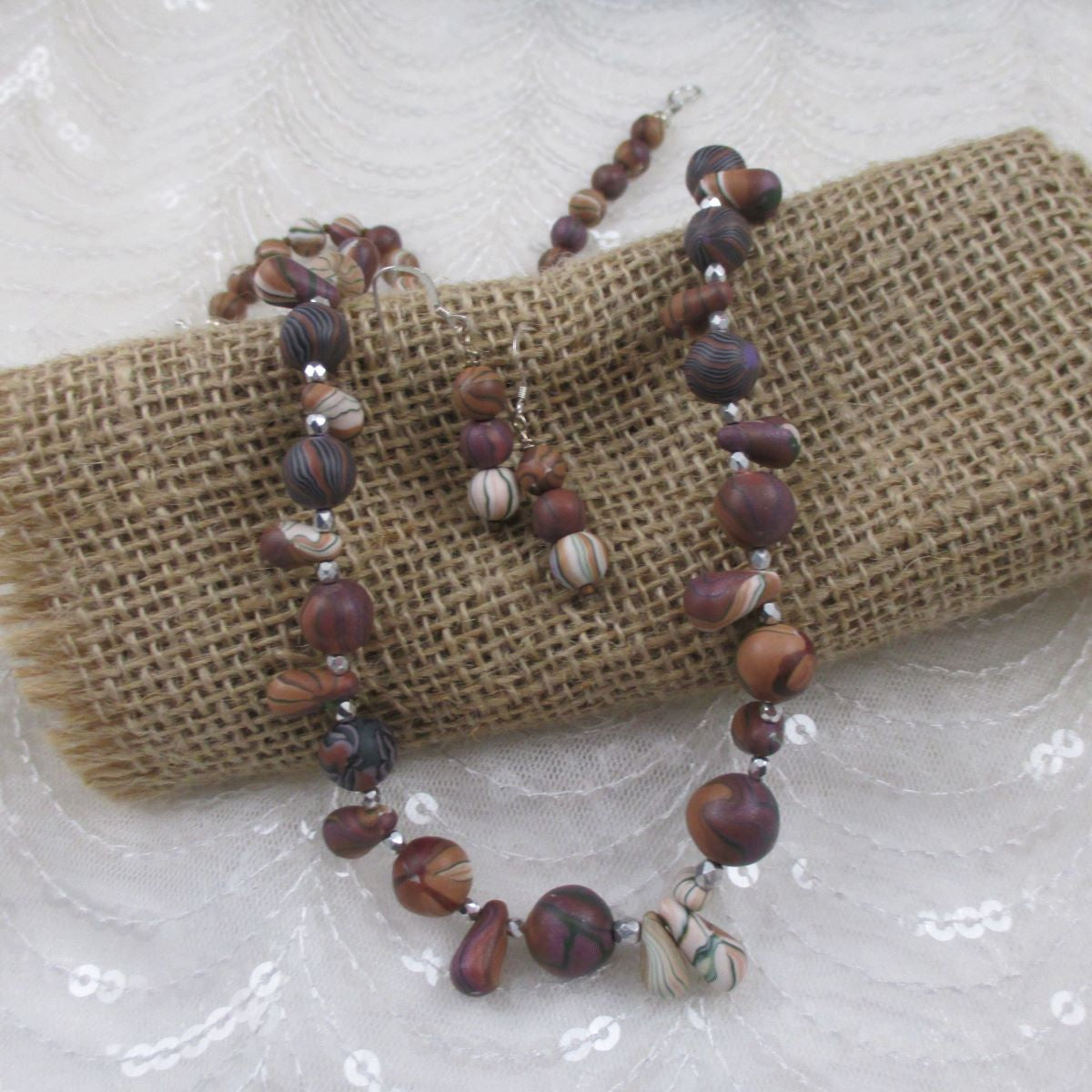 Handmade Lavender & Tan Artisan Bead Necklace & Earrings - VP's Jewelry  