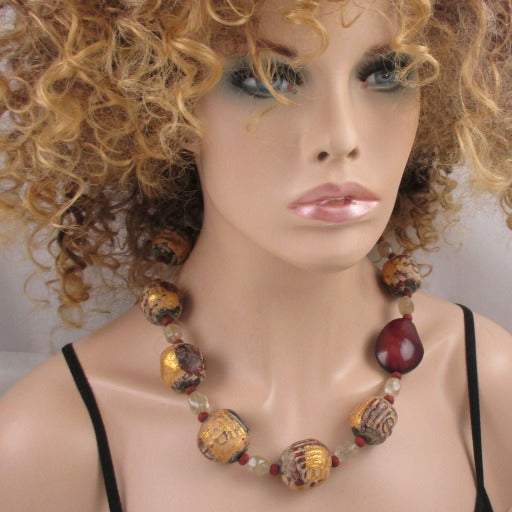 Big Bold Statement Necklace Terracotta Mala Beads and Tree Nut - VP's Jewelry  