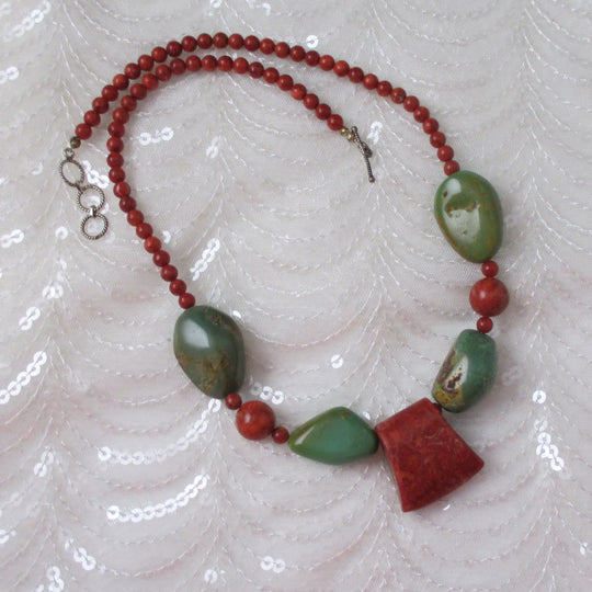 Chunky Turquoise Necklace Big Bold Red Ax Focus - VP's Jewelry