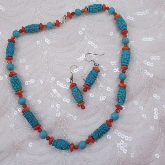 Turquoise & Red Bead Necklace & Earrings Jewelry Set - VP's Jewelry 