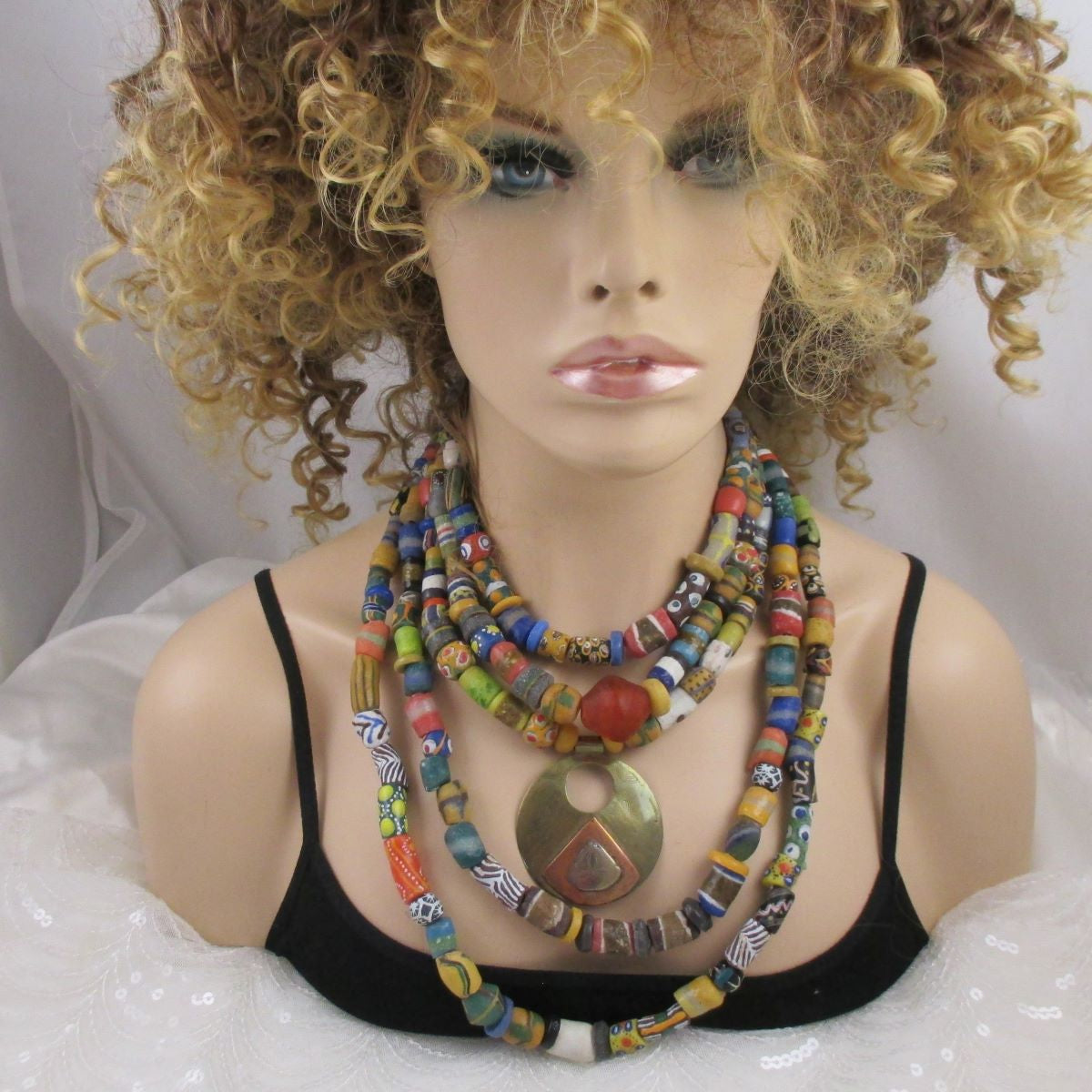 Stunning African Statement Pendant Necklace Five Strand - VP's Jewelry