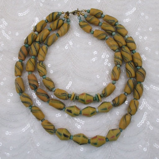 Dark Yellow Handmade African Trade Bead Necklace Triple Strand - VP's Jewelry