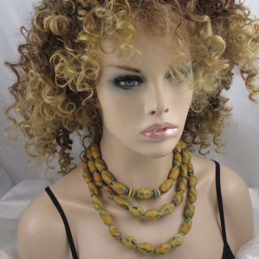 Dark Yellow Handmade African Trade Bead Necklace Triple Strand - VP's Jewelry