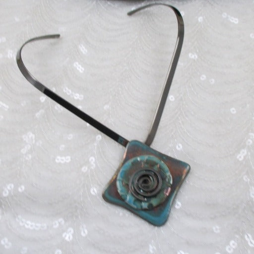 Gunmetal Choker with Handmade Aqua Wash Raku Glazed Pendant - VP's Jewelry