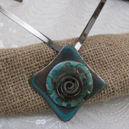 Gunmetal Choker with Handmade Aqua Wash Raku Glazed Pendant - VP's Jewelry