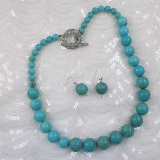 Classic Magnesite Dyed Turquoise Necklace Extra long & Earrings - VP's Jewelry