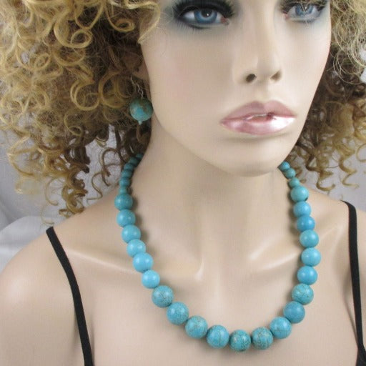 Classic Magnesite Dyed Turquoise Necklace Extra long & Earrings - VP's Jewelry