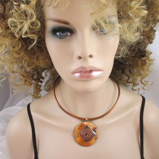 Choker Necklace Handmade Orange Raku Pendant Copper Neck Ring - VP's Jewelry