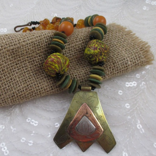Handmade Pendant Necklace in Amber & Yellow Beads - VP's Jewelry