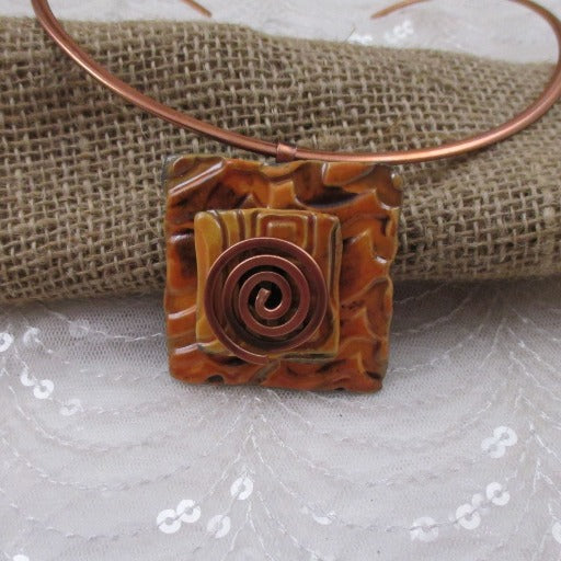Orange Choker Necklace Handmade Raku Pendant Copper Neck Ring - VP's Jewelry