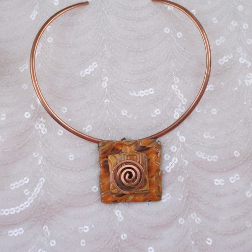 Orange Choker Necklace Handmade Raku Pendant Copper Neck Ring - VP's Jewelry