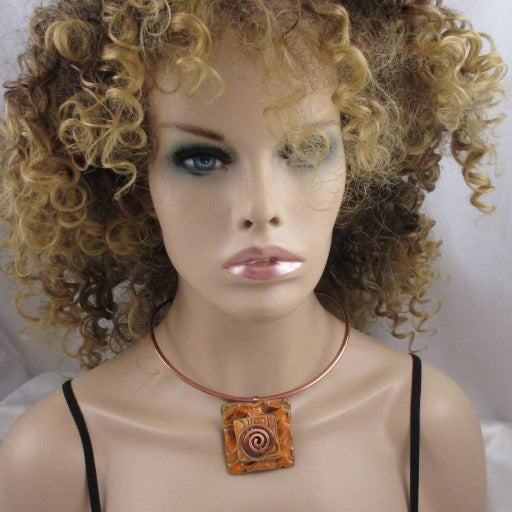 Orange Choker Necklace Handmade Raku Pendant Copper Neck Ring - VP's Jewelry