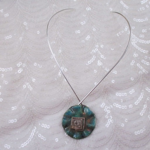 Choker with Bold Handmade Turqoise Copper Round Pendant Raku Glazed - VP's Jewelry