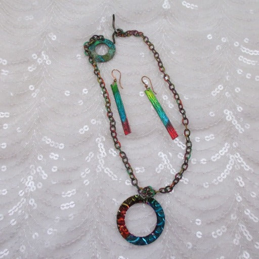 Handmade Rainbow Patina Pendant Necklace & Long Earrings - VP's Jewelry
