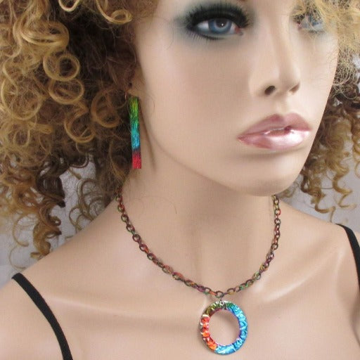 Handmade Rainbow Patina Pendant Necklace & Long Earrings - VP's Jewelry