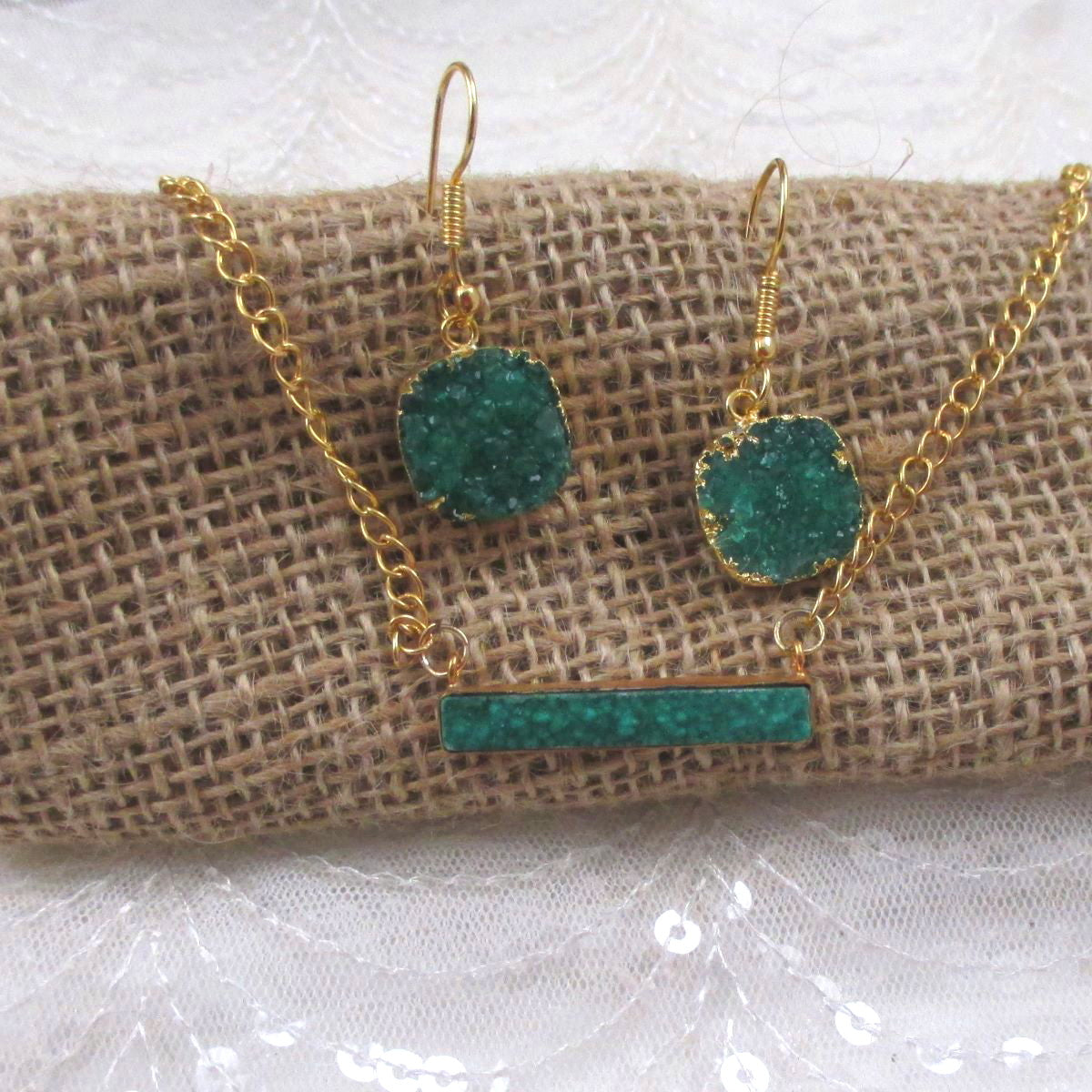 Emerald Green Druzy Bar Pendant on Gold Chain & Earrings - VP's Jewelry