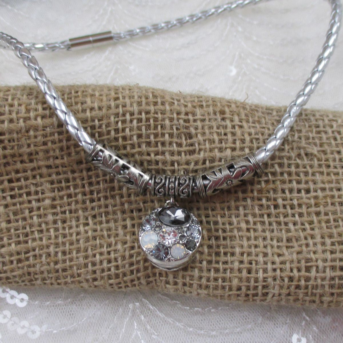 Silver Braided Leather Necklace with Shades of Grey Pendant - VP's Jewelry