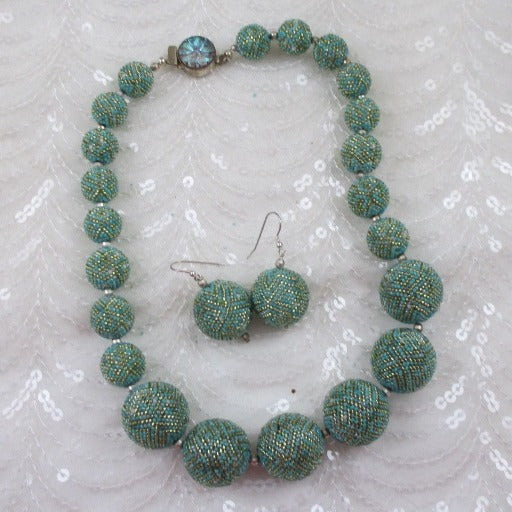 Handmade Aqua Beaded Bead Necklace & Beaded Bead Earrings - VP's Jewelry  