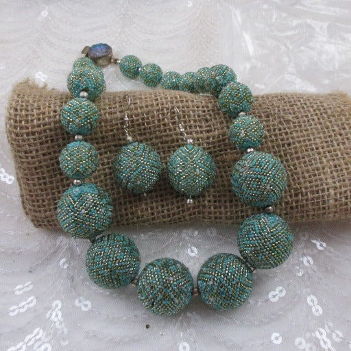 Handmade Aqua Beaded Bead Necklace & Beaded Bead Earrings - VP's Jewelry  