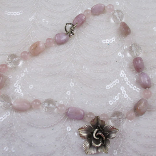 Whimsical Jasmine Flower Pink & Rock Crystal Gemstone Bead Necklace - VP's Jewelry