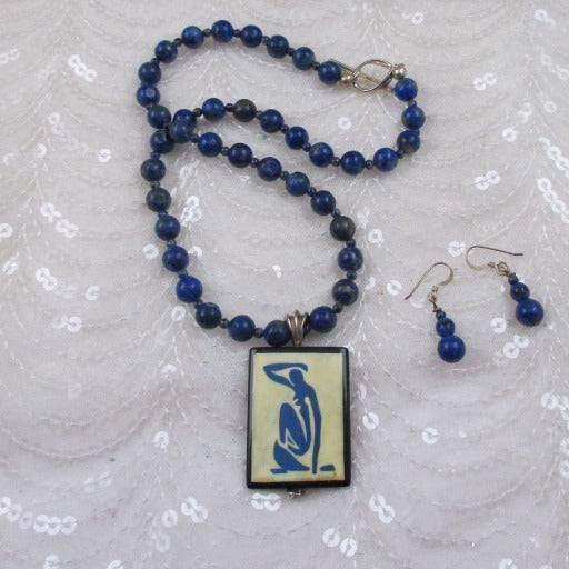 Lapis Lazuli Gemstone Blue Woman Pendant Necklace & Earrings