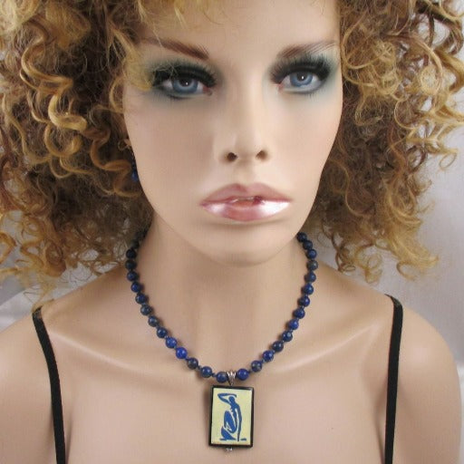 Lapis Lazuli Gemstone Blue Woman Pendant Necklace & Earrings