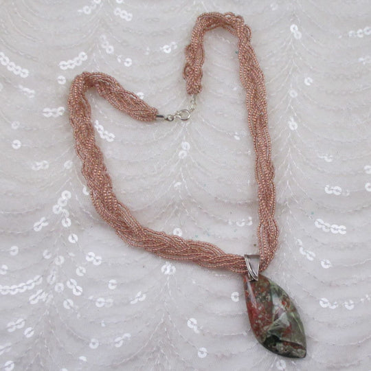 Agate Pendant Necklace - Twisted Seed Bead Necklace - VP's Jewelry