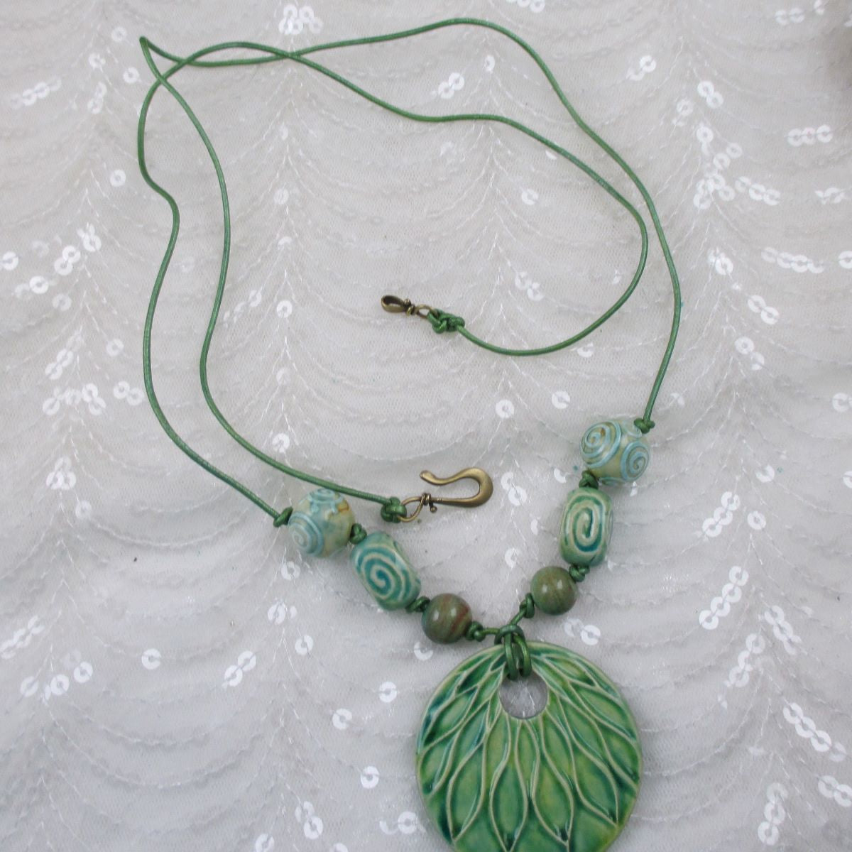 Green Pendant Necklace on Long Leather Cord - VP's Jewelry