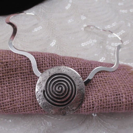 Big Bold Antique Silver Spiral Round Pendant Choker Wavy Neck Ring - VP's Jewelry