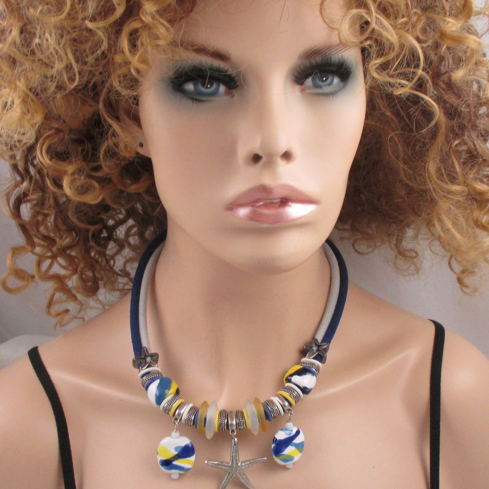 Seaside Kazuri & Sea Glass Necklace Blue & White Leather - VP's Jewelry 
