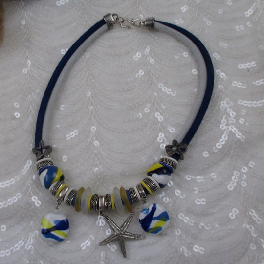 Seaside Kazuri & Sea Glass Necklace Blue & White Leather - VP's Jewelry 