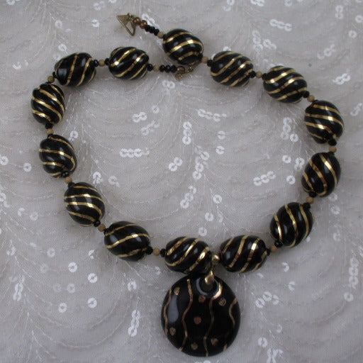 Fair Trade Statement Kazuri Necklace with Black and Gold Pendant - VP's Jewelry  