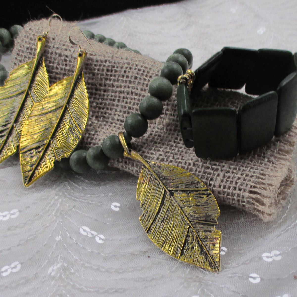 Green Wooden Beaded Necklace Bracelet & Gold Leaf Earrings - VP's Jewelry