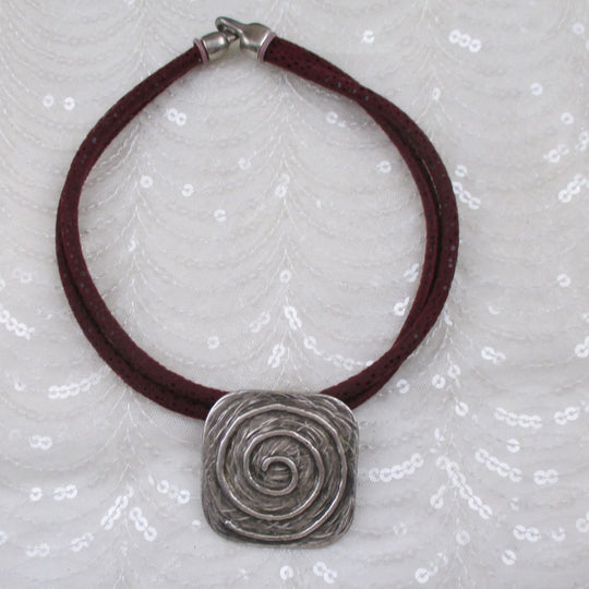 Big Silver Pendant on Maroon Cotton Cord Necklace Statement Pendant - VP's Jewelry  