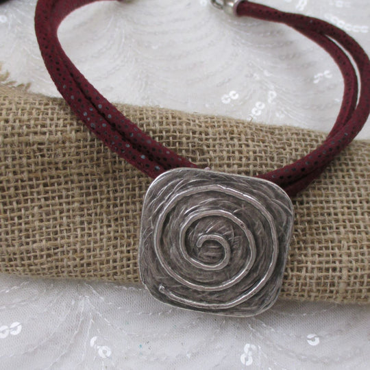 Big Silver Pendant on Maroon Cotton Cord Necklace Statement Pendant - VP's Jewelry  