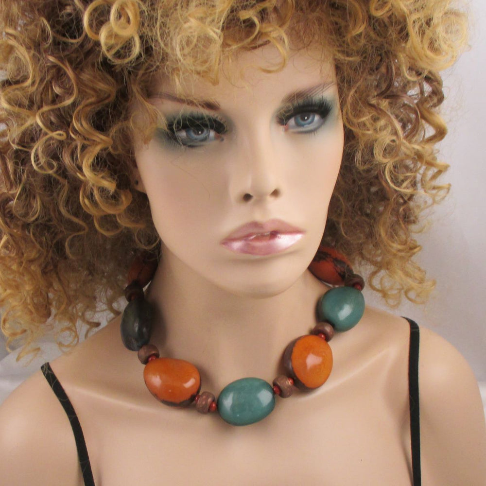 Large Pumpkin and Turquoise Tagua Nut Bead Statement Necklace - VP's Jewelry