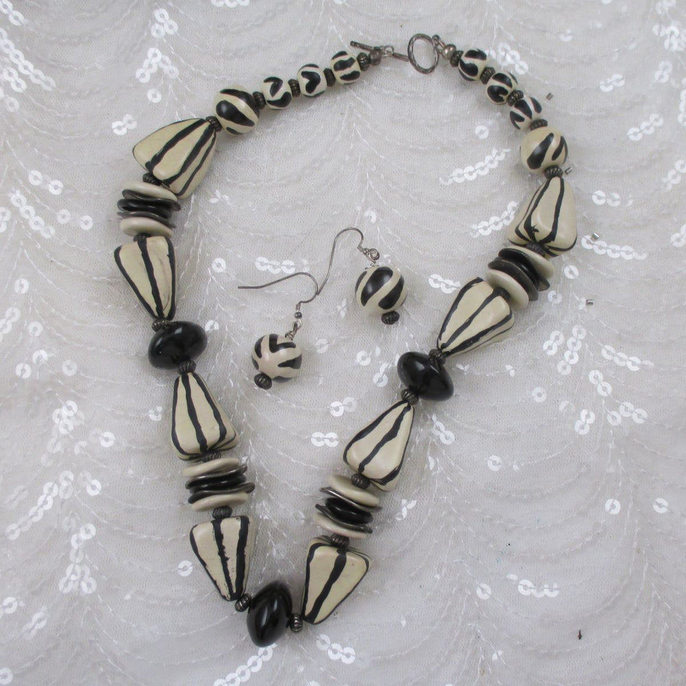 Cream & Black Kazuri Necklace & Earrings Chunky - VP's Jewelry