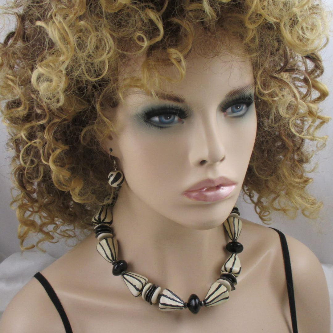 Cream & Black Kazuri Necklace & Earrings Chunky - VP's Jewelry